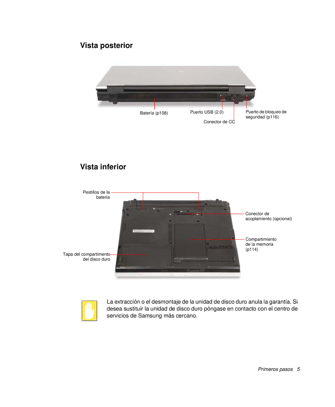 Samsung NP-P50T000/SES, NP-P50KV00/SES, NP-P50K000/SES, NP-P50CV02/SES, NP-P50CV01/SES manual Vista posterior, Vista inferior 