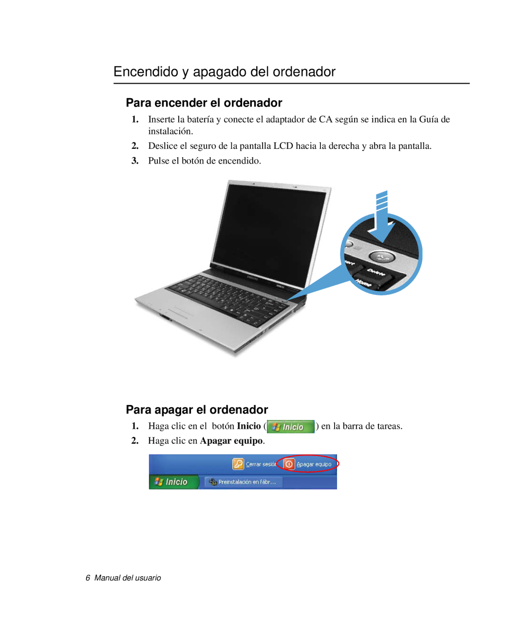 Samsung NP-P50KV00/SES manual Encendido y apagado del ordenador, Para encender el ordenador, Para apagar el ordenador 