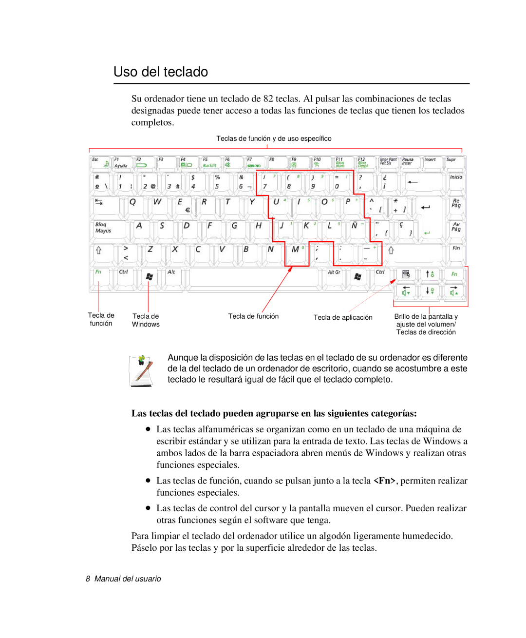 Samsung NP-P50CV02/SES, NP-P50KV00/SES, NP-P50K000/SES, NP-P50CV01/SES, NP-P50T000/SES manual Uso del teclado 