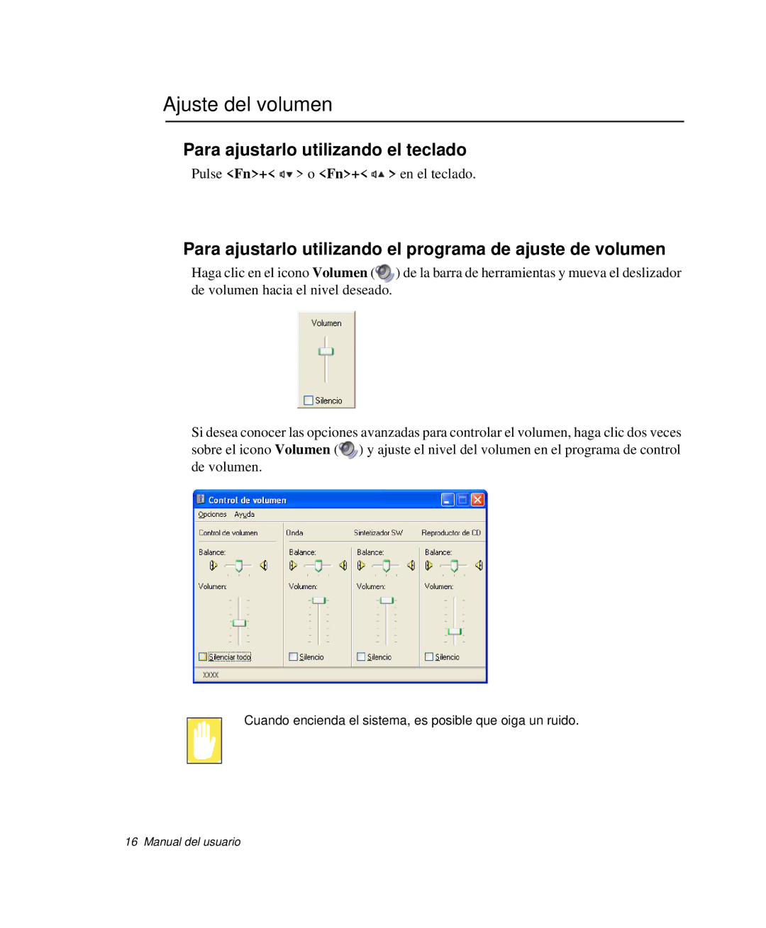 Samsung NP-P50KV00/SES, NP-P50K000/SES manual Ajuste del volumen, Para ajustarlo utilizando el programa de ajuste de volumen 