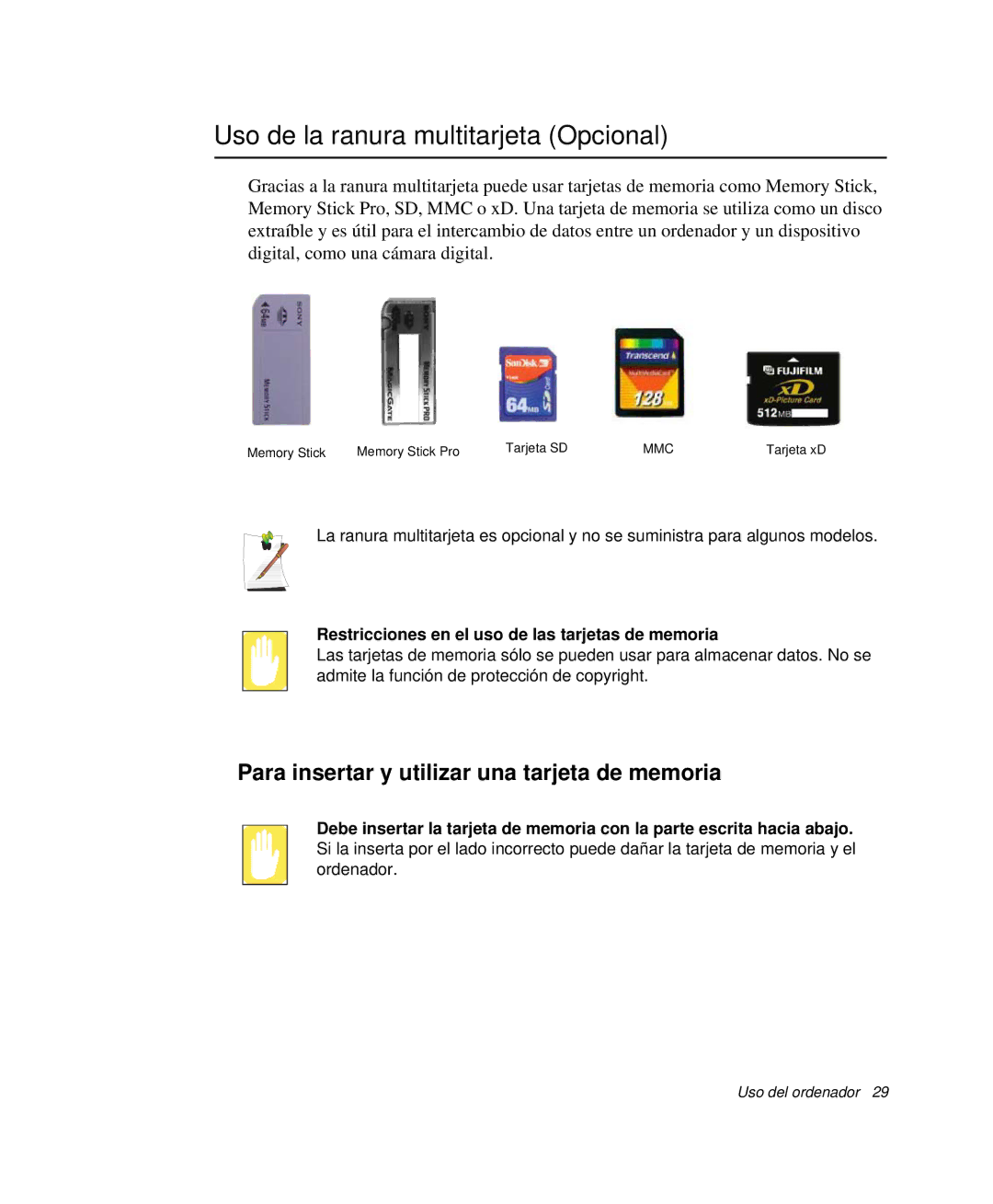 Samsung NP-P50CV01/SES manual Uso de la ranura multitarjeta Opcional, Para insertar y utilizar una tarjeta de memoria 