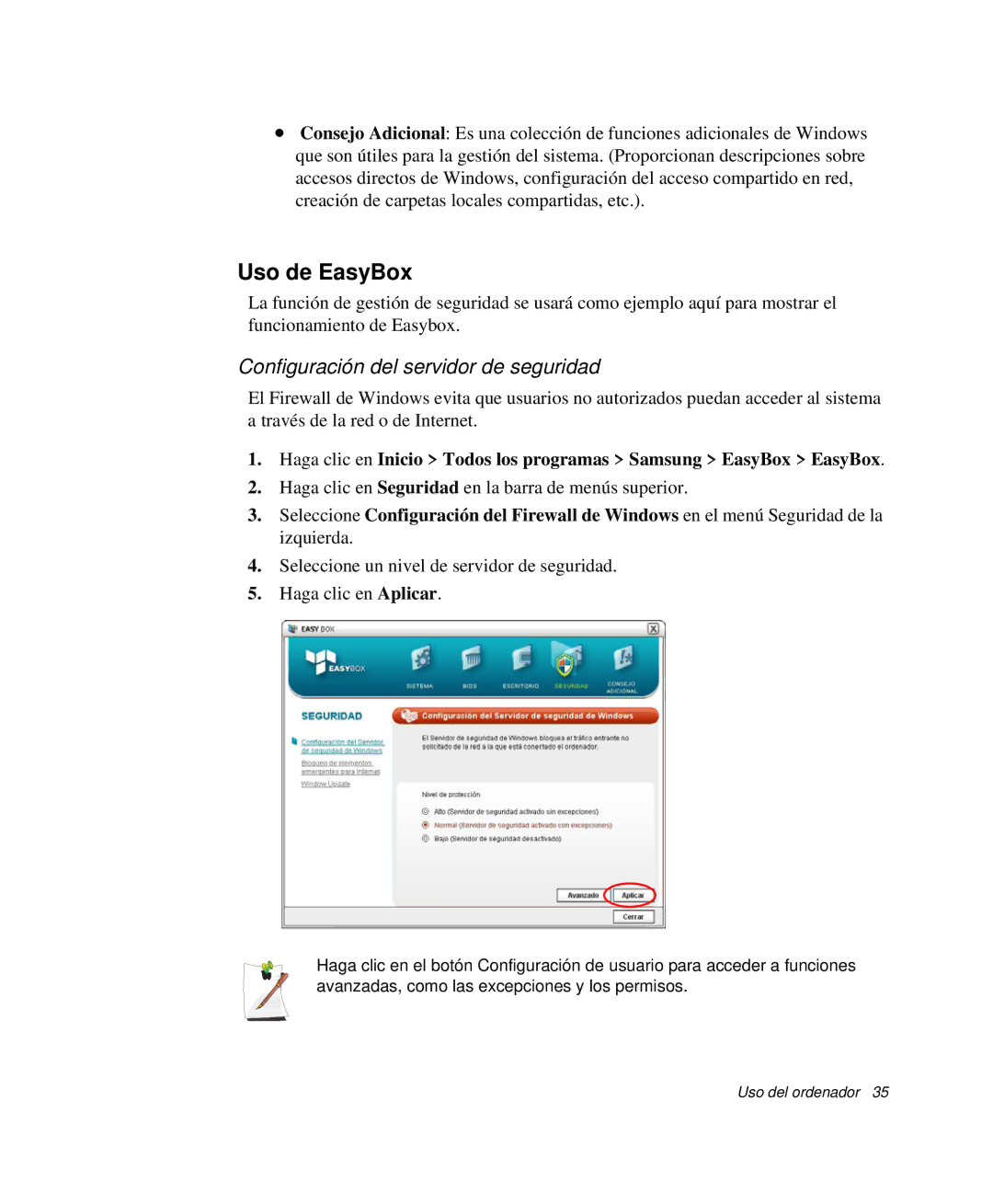 Samsung NP-P50T000/SES, NP-P50KV00/SES, NP-P50K000/SES manual Uso de EasyBox, Configuración del servidor de seguridad 