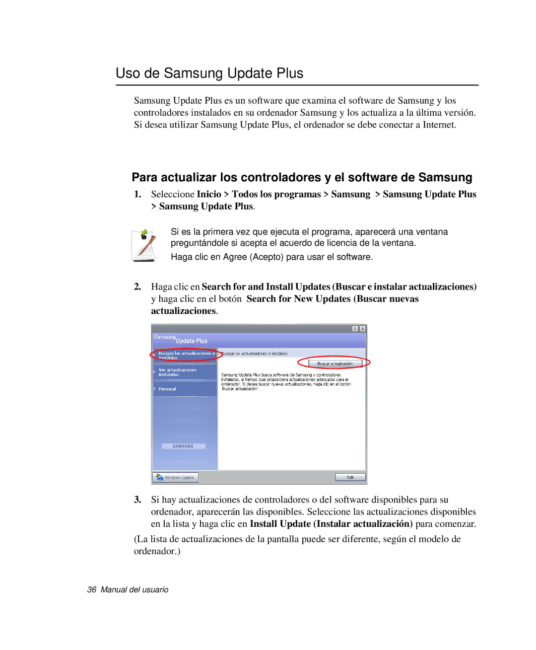 Samsung NP-P50KV00/SES manual Uso de Samsung Update Plus, Para actualizar los controladores y el software de Samsung 