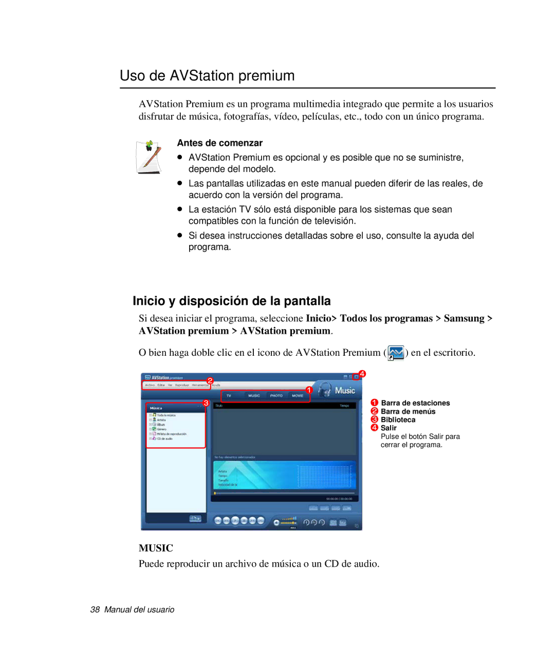 Samsung NP-P50CV02/SES, NP-P50KV00/SES Uso de AVStation premium, Inicio y disposición de la pantalla, Antes de comenzar 