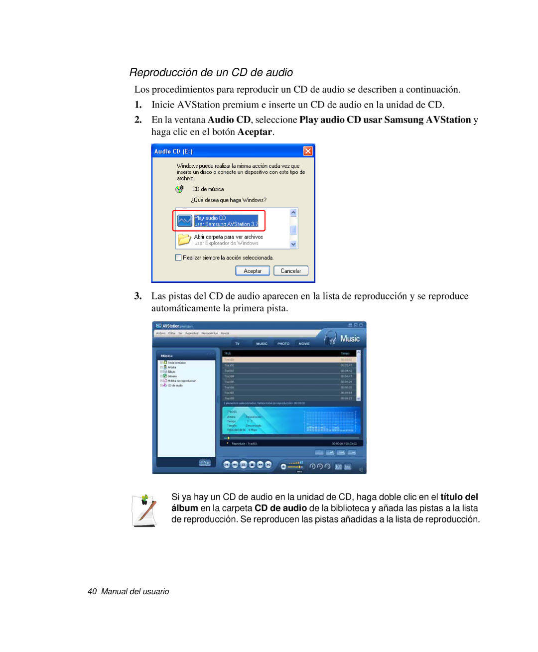 Samsung NP-P50T000/SES, NP-P50KV00/SES, NP-P50K000/SES, NP-P50CV02/SES, NP-P50CV01/SES manual Reproducción de un CD de audio 