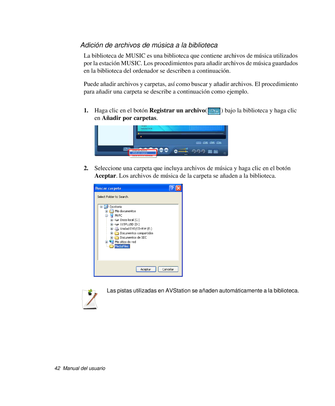 Samsung NP-P50K000/SES, NP-P50KV00/SES, NP-P50CV02/SES, NP-P50CV01/SES manual Adición de archivos de música a la biblioteca 