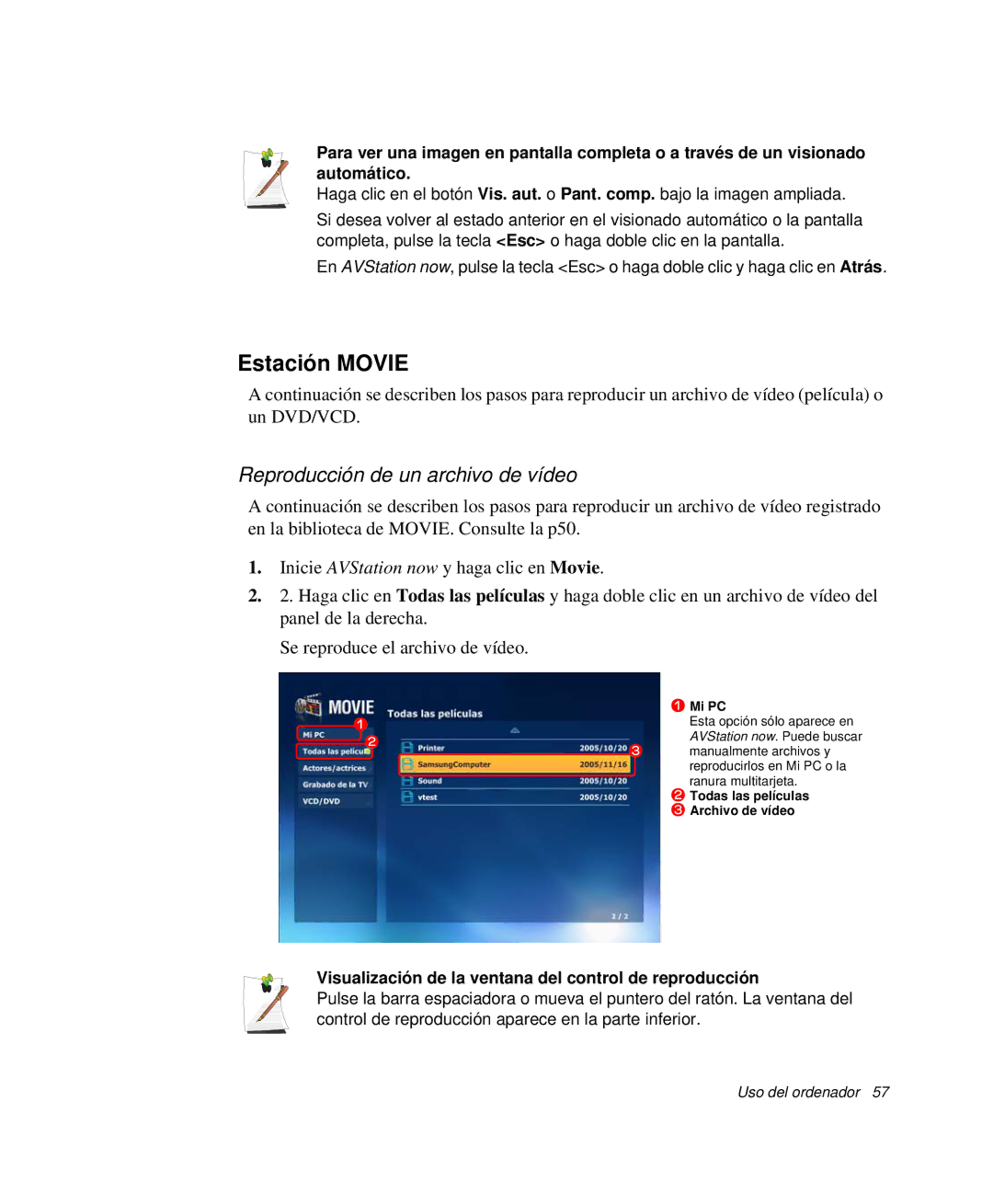 Samsung NP-P50K000/SES, NP-P50KV00/SES manual Estación Movie, Visualización de la ventana del control de reproducción 