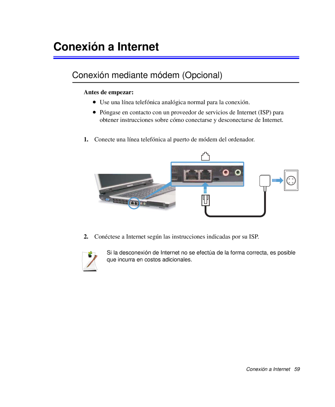 Samsung NP-P50CV01/SES, NP-P50KV00/SES manual Conexión a Internet, Conexión mediante módem Opcional, Antes de empezar 