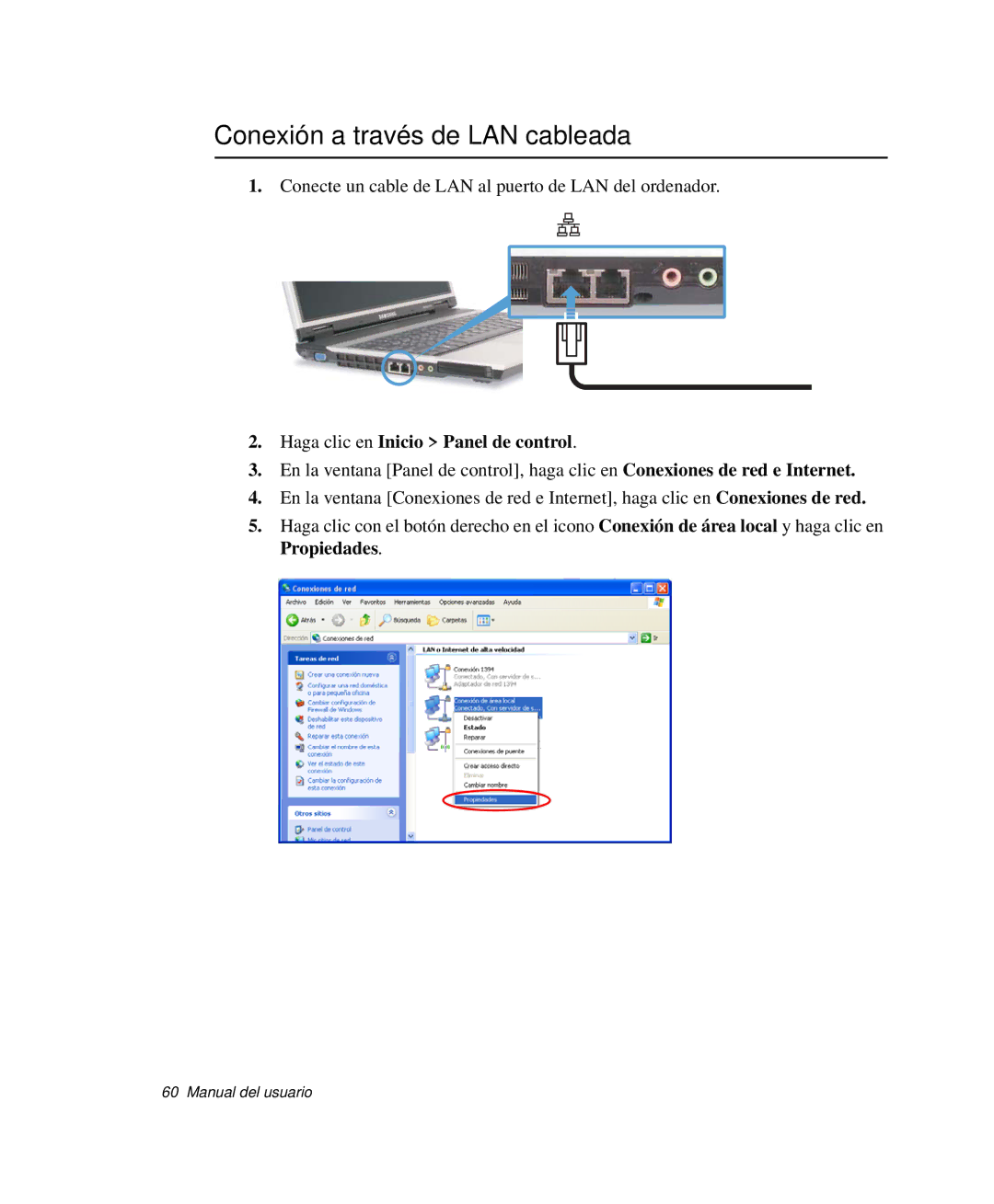 Samsung NP-P50T000/SES, NP-P50KV00/SES manual Conexión a través de LAN cableada, Haga clic en Inicio Panel de control 