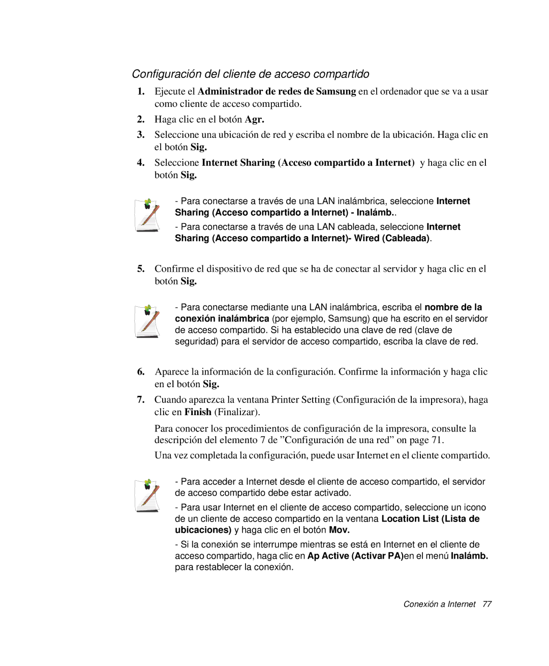 Samsung NP-P50K000/SES manual Configuración del cliente de acceso compartido, Sharing Acceso compartido a Internet Inalámb 