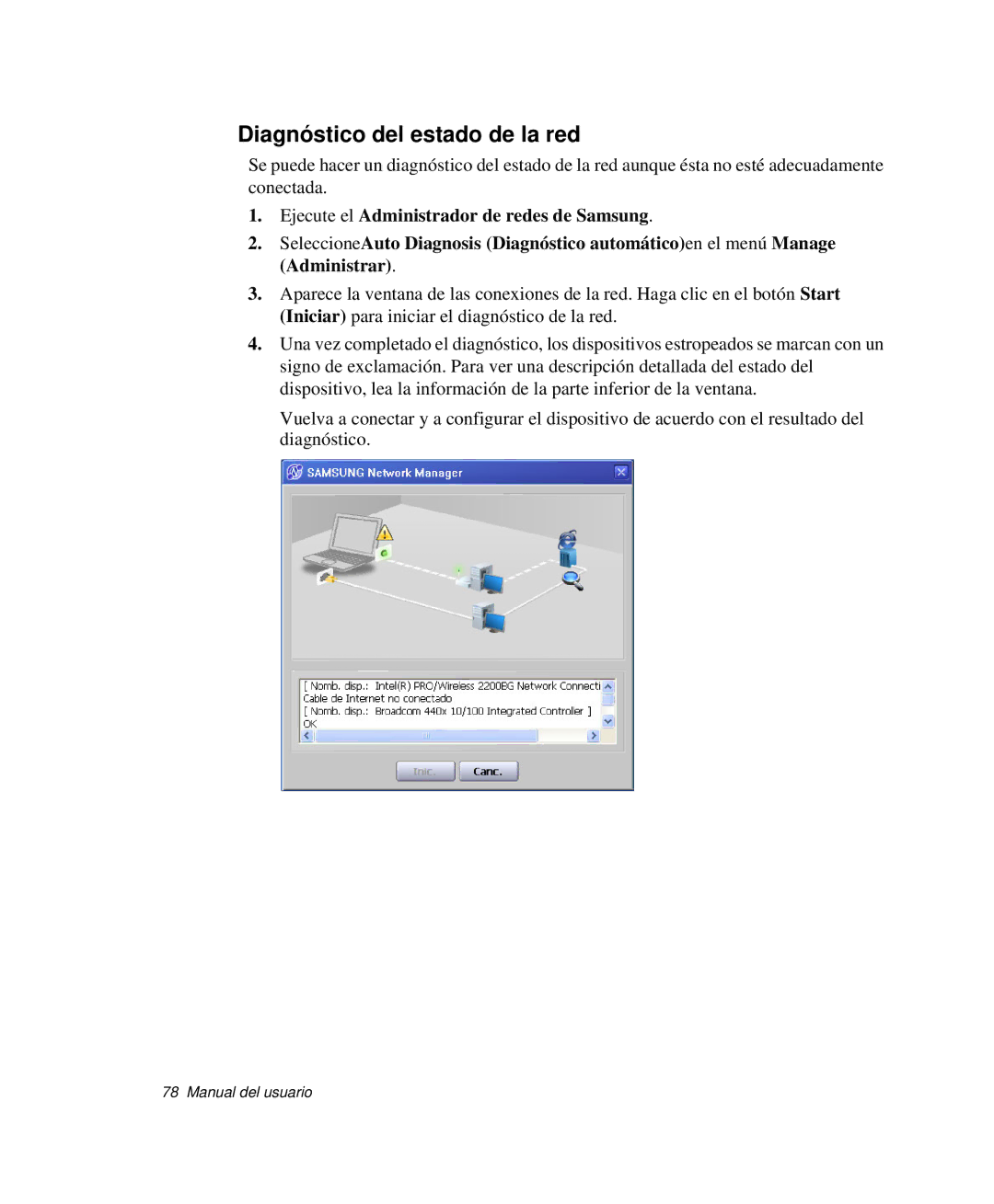 Samsung NP-P50CV02/SES, NP-P50KV00/SES, NP-P50K000/SES, NP-P50CV01/SES, NP-P50T000/SES manual Diagnóstico del estado de la red 