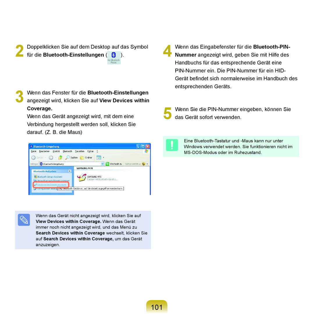 Samsung NP-P55TV02/SEG, NP-P55AH01/SEG, NP-P55T004/SEG, NP-P55T002/SEG manual 101, Für die Bluetooth-Einstellungen, Coverage 
