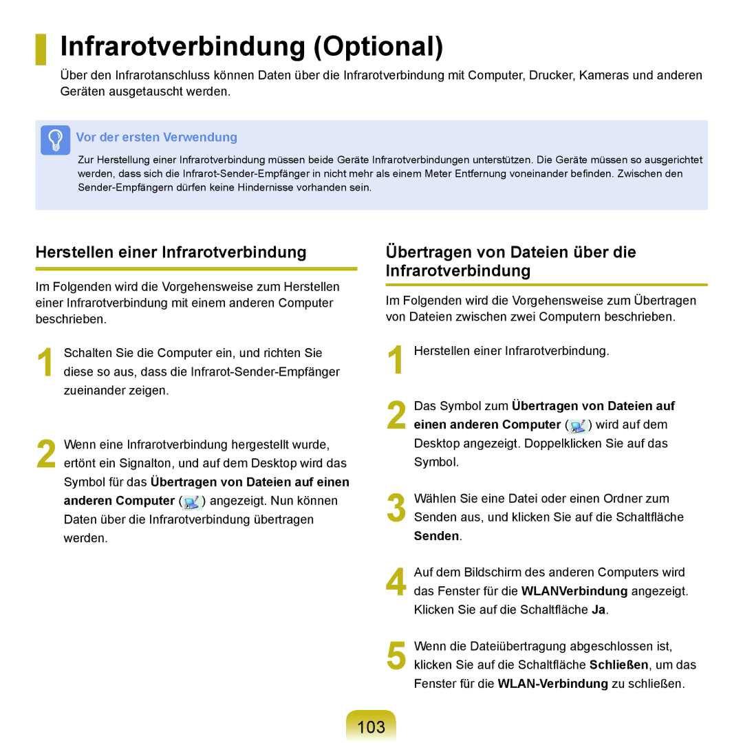 Samsung NP-P55TP02/SEG, NP-P55AH01/SEG, NP-P55ZBM/SEG Infrarotverbindung Optional, 103, Herstellen einer Infrarotverbindung 