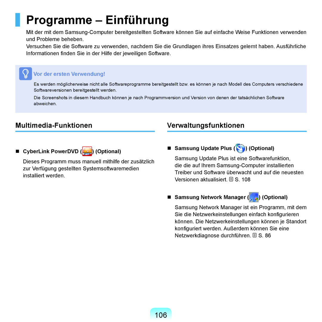 Samsung NP-P55T005/SEG, NP-P55AH01/SEG, NP-P55ZBM/SEG Programme Einführung, 106, Multimedia-FunktionenVerwaltungsfunktionen 