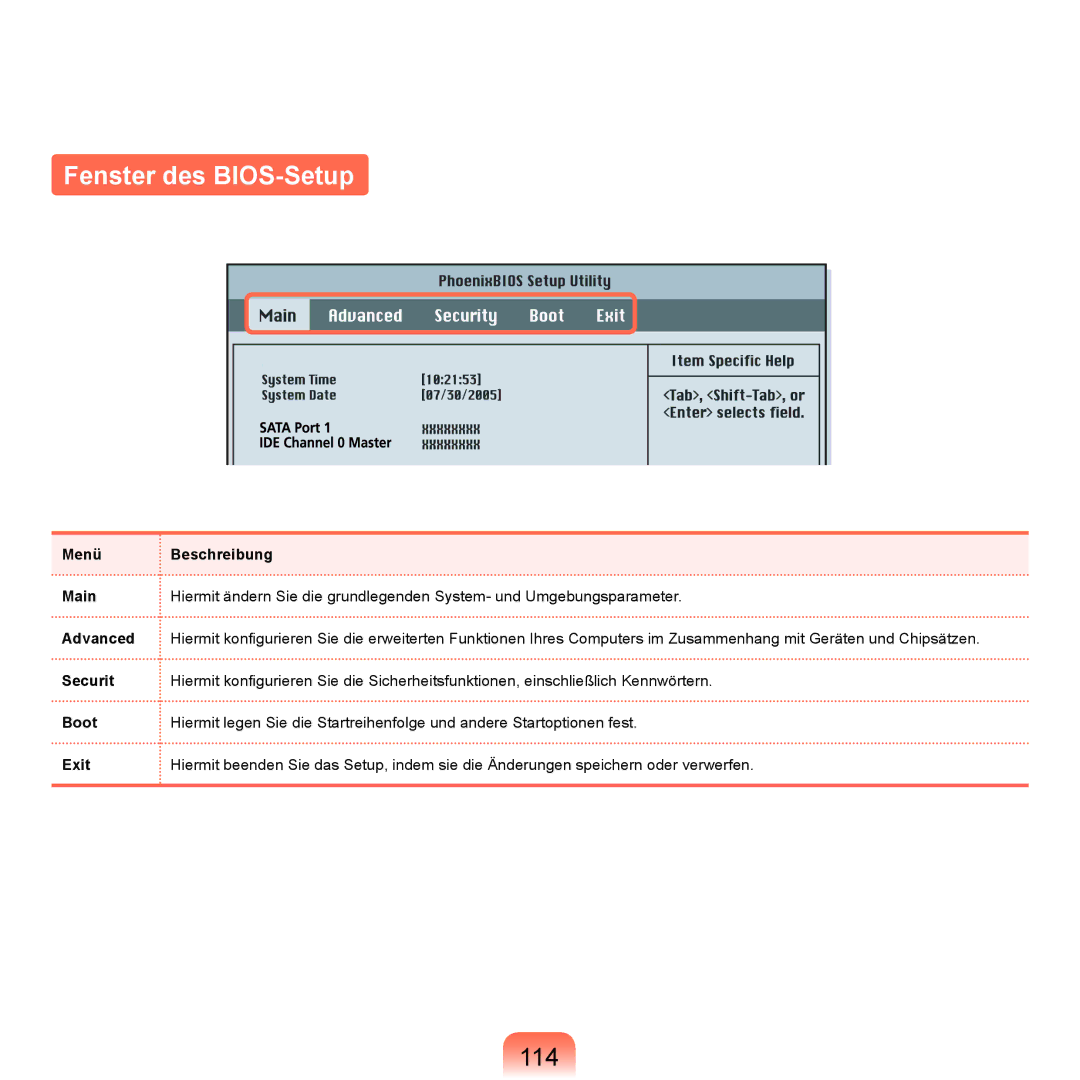 Samsung NP-P55T001/SEG, NP-P55AH01/SEG manual Fenster des BIOS-Setup, 114, Menü Main Advanced Securit Boot Exit Beschreibung 