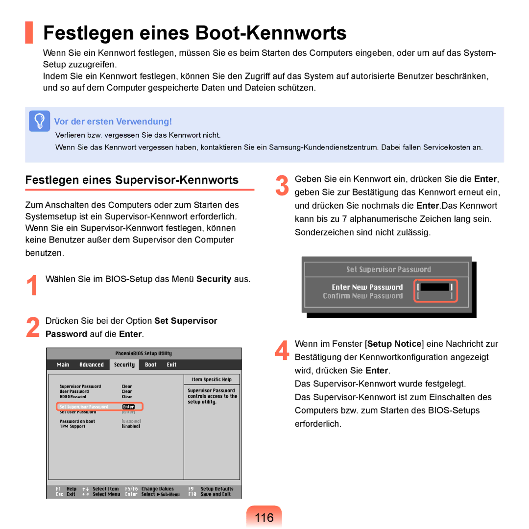 Samsung NP-P55AV01/SEG, NP-P55AH01/SEG manual Festlegen eines Boot-Kennworts, 116, Festlegen eines Supervisor-Kennworts 