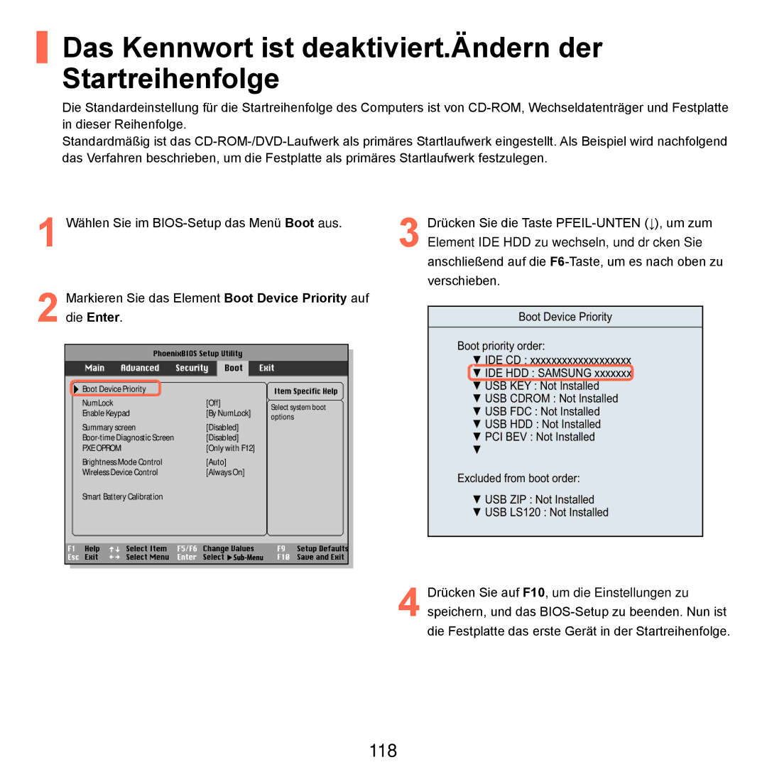 Samsung NP-P55TV01/SEG, NP-P55AH01/SEG, NP-P55T004/SEG manual Das Kennwort ist deaktiviert.Ändern der Startreihenfolge, 118 