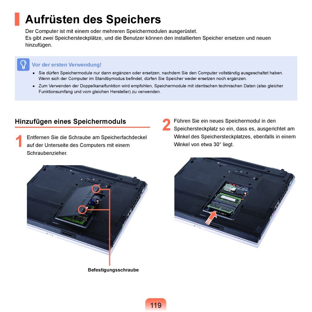 Samsung NP-P55TP02/SEG, NP-P55AH01/SEG, NP-P55T004/SEG manual Aufrüsten des Speichers, 119, Hinzufügen eines Speichermoduls 