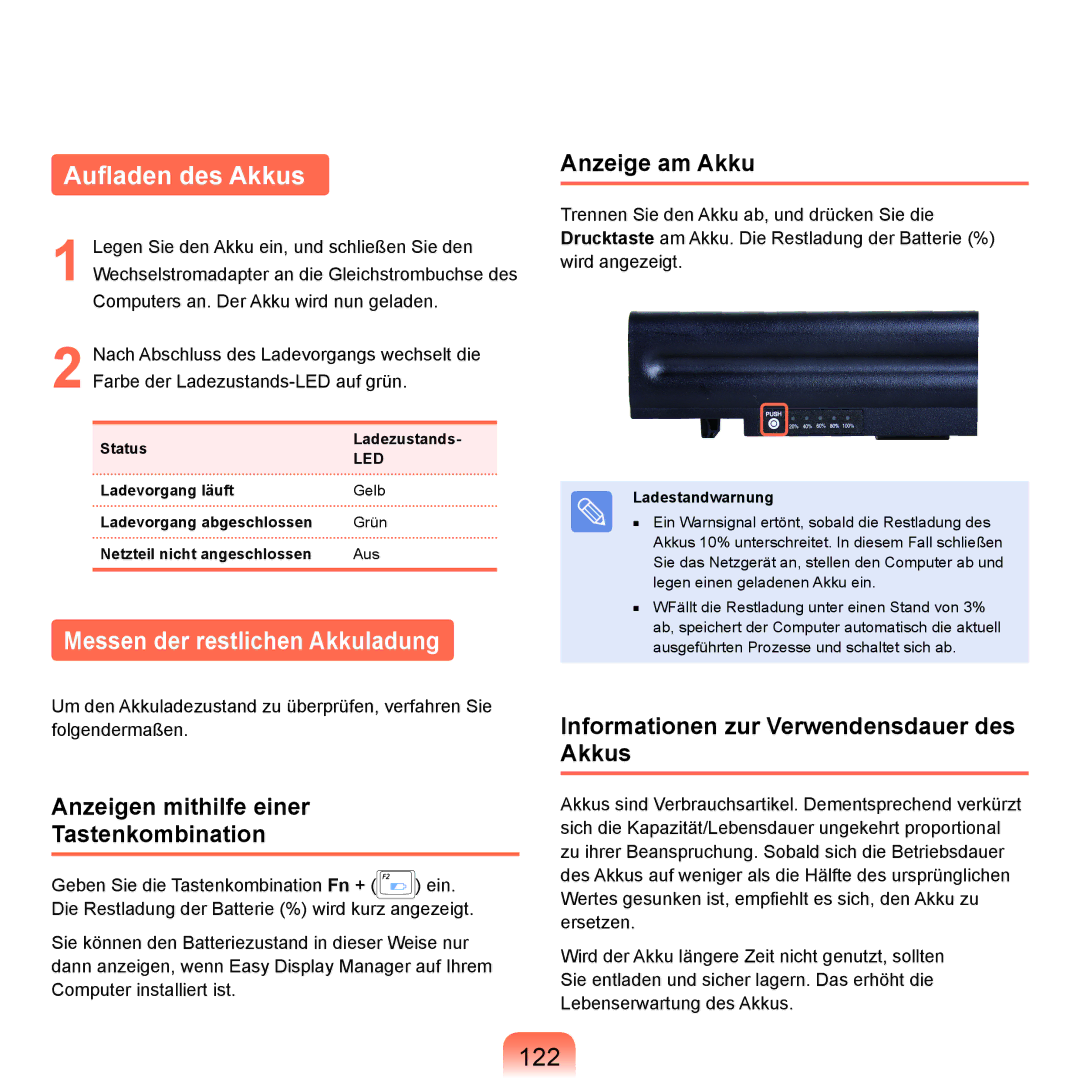 Samsung NP-P55T005/SEG, NP-P55AH01/SEG, NP-P55T004/SEG manual Aufladen des Akkus, Messen der restlichen Akkuladung, 122 