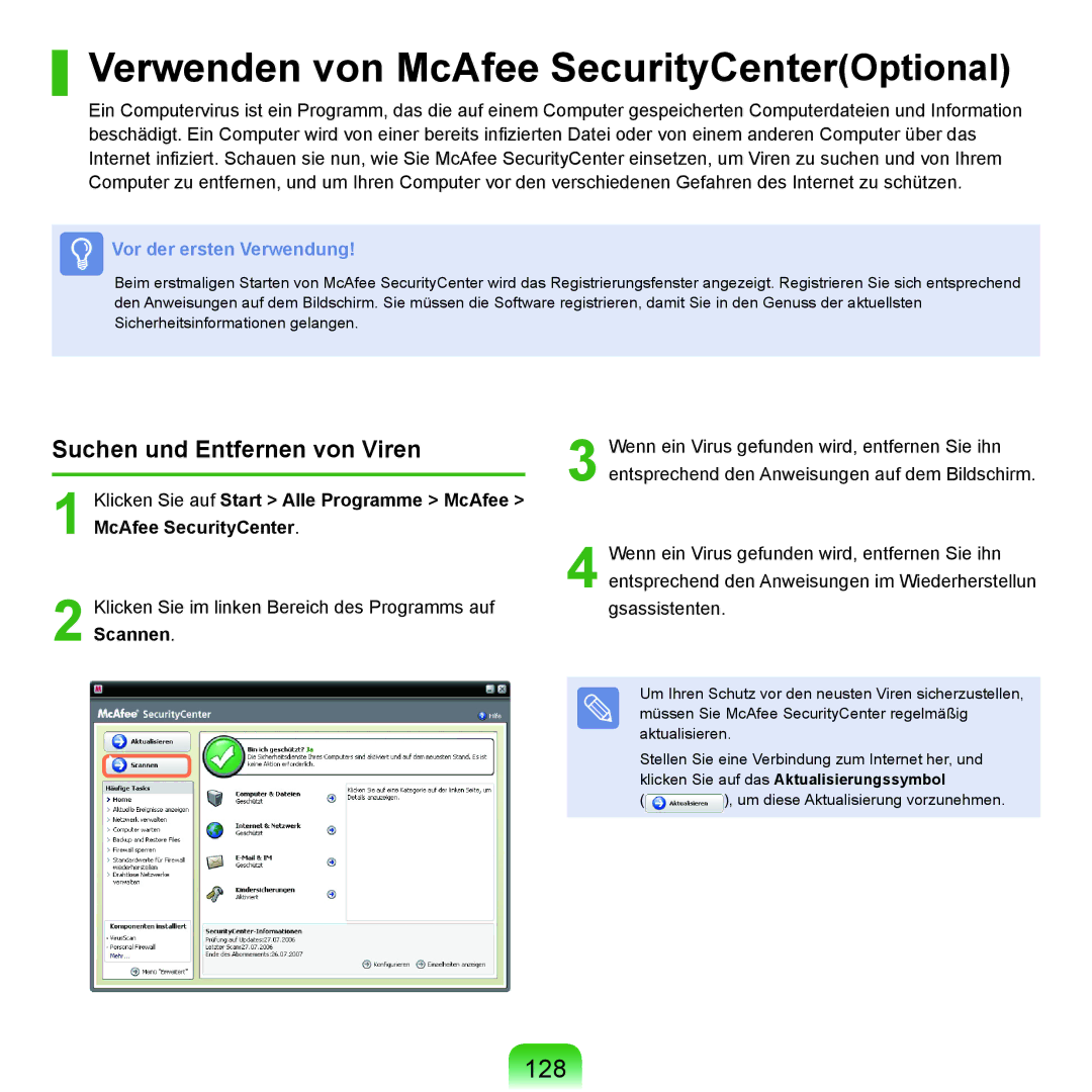 Samsung NP-P55T004/SEG, NP-P55AH01/SEG Verwenden von McAfee SecurityCenterOptional, 128, Suchen und Entfernen von Viren 