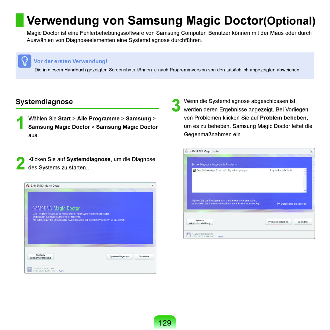 Samsung NP-P55T002/SEG, NP-P55AH01/SEG, NP-P55T004/SEG Verwendung von Samsung Magic DoctorOptional, 129, Systemdiagnose 