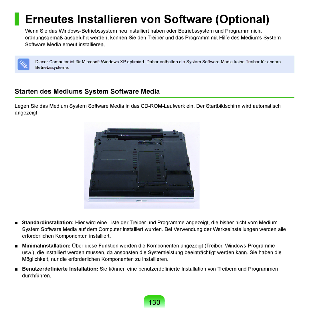 Samsung NP-P55T001/SEG manual Erneutes Installieren von Software Optional, 130, Starten des Mediums System Software Media 