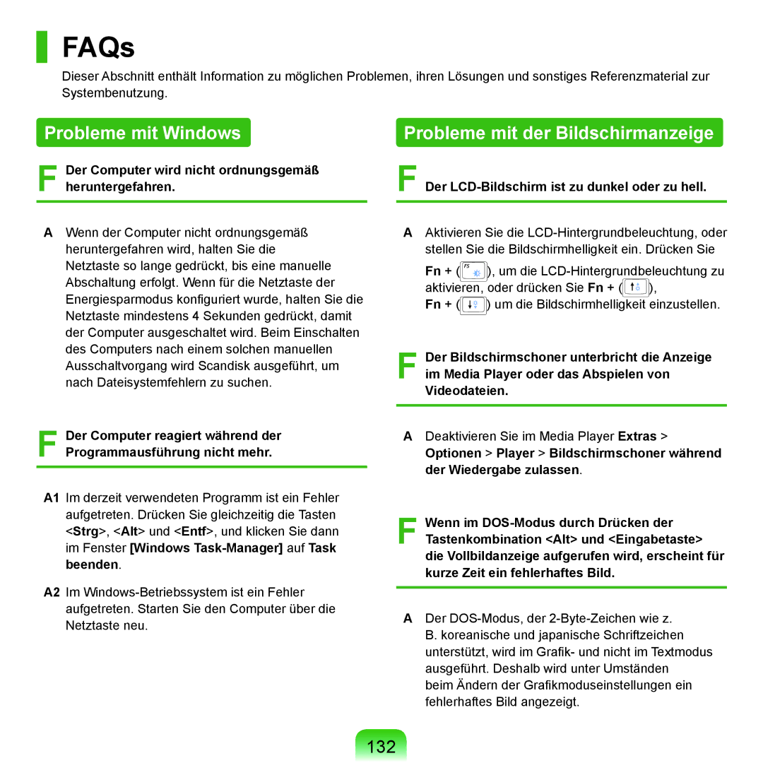 Samsung NP-P55AV01/SEG, NP-P55AH01/SEG, NP-P55T004/SEG FAQs, Probleme mit Windows, Probleme mit der Bildschirmanzeige, 132 