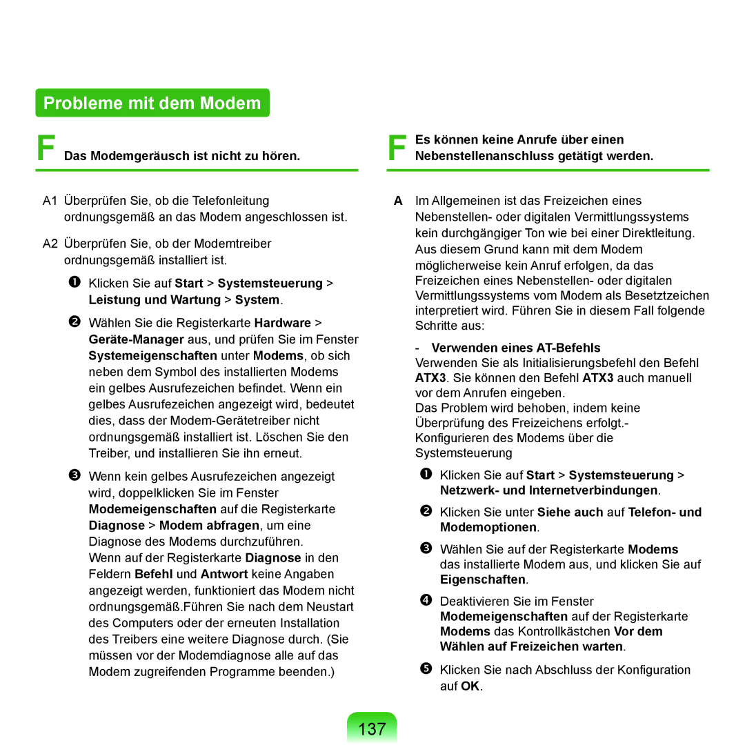 Samsung NP-P55TH01/SEG Probleme mit dem Modem, 137, Das Modemgeräusch ist nicht zu hören, Diagnose Modem abfragen, um eine 