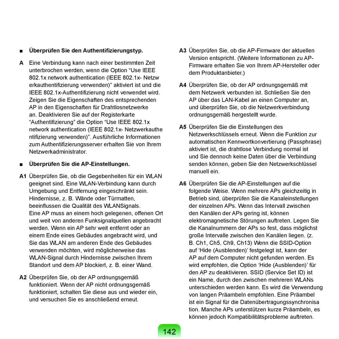 Samsung NP-P55T000/SEG, NP-P55AH01/SEG 142, Überprüfen Sie den Authentifizierungstyp, Überprüfen Sie die AP-Einstellungen 