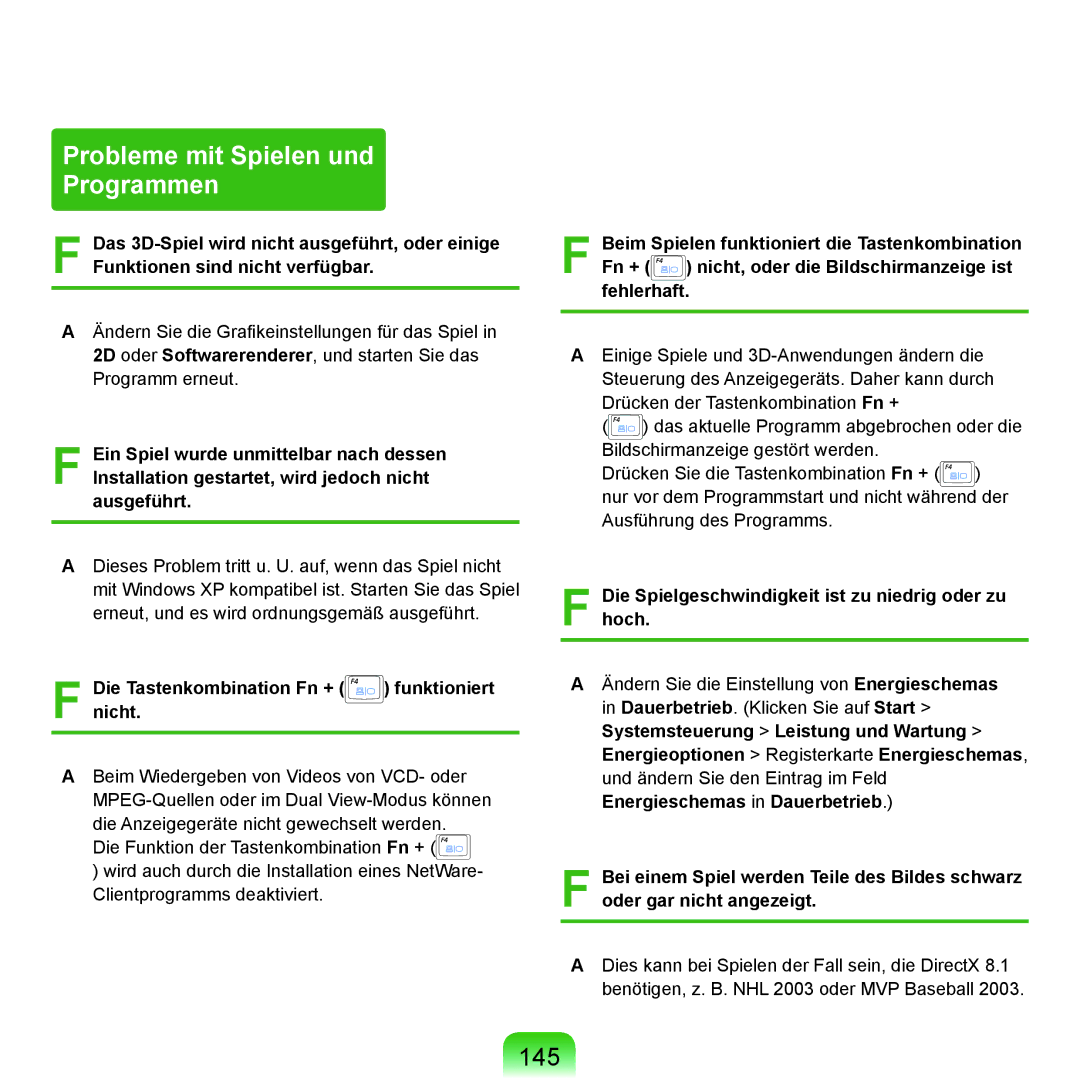 Samsung NP-P55T002/SEG manual Probleme mit Spielen und Programmen, 145, Die Tastenkombination Fn + funktioniert nicht 