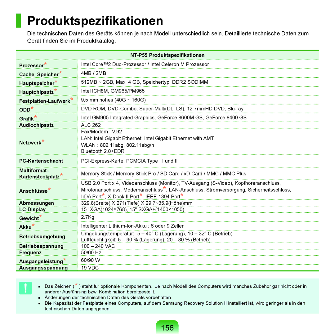 Samsung NP-P55TP03/SEG, NP-P55AH01/SEG, NP-P55T004/SEG, NP-P55T002/SEG, NP-P55T001/SEG manual Produktspezifikationen, 156 