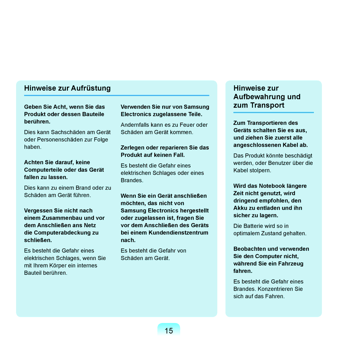 Samsung NP-P55AH01/SEG, NP-P55T004/SEG, NP-P55T002/SEG Hinweise zur Aufrüstung Hinweise zur Aufbewahrung und, Zum Transport 