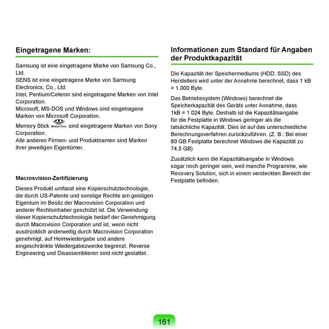 Samsung NP-P55T002/SEG manual 161, Eingetragene Marken, Informationen zum Standard für Angaben der Produktkapazität 