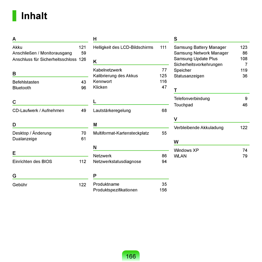 Samsung NP-P55TV01/SEG, NP-P55AH01/SEG, NP-P55T004/SEG, NP-P55T002/SEG, NP-P55T001/SEG, NP-P55T006/SEG manual Inhalt, 166 