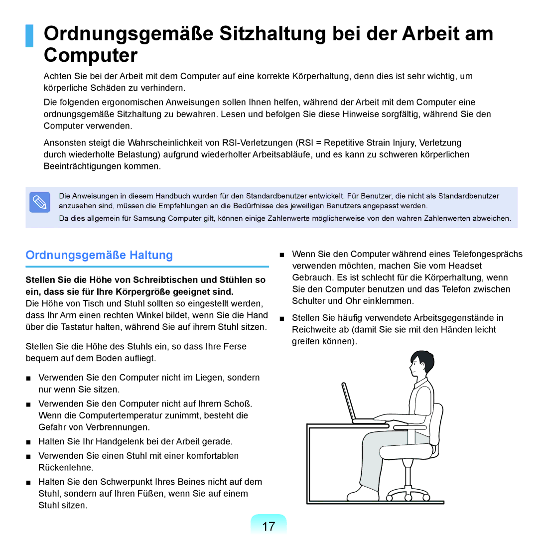 Samsung NP-P55T002/SEG, NP-P55AH01/SEG manual Ordnungsgemäße Sitzhaltung bei der Arbeit am Computer, Ordnungsgemäße Haltung 