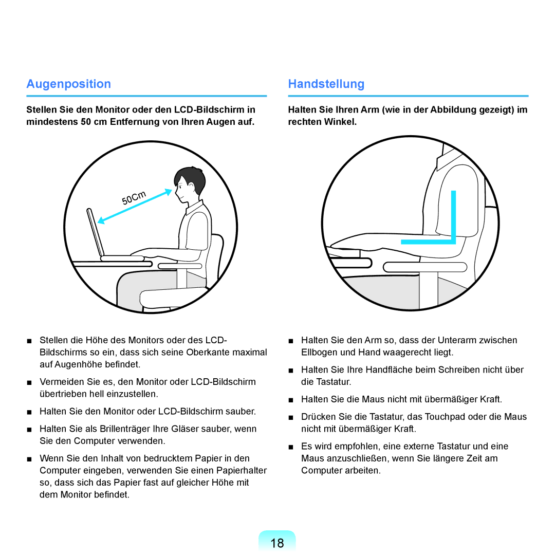 Samsung NP-P55T001/SEG, NP-P55AH01/SEG, NP-P55T004/SEG, NP-P55T002/SEG, NP-P55T006/SEG manual Augenposition, Handstellung 