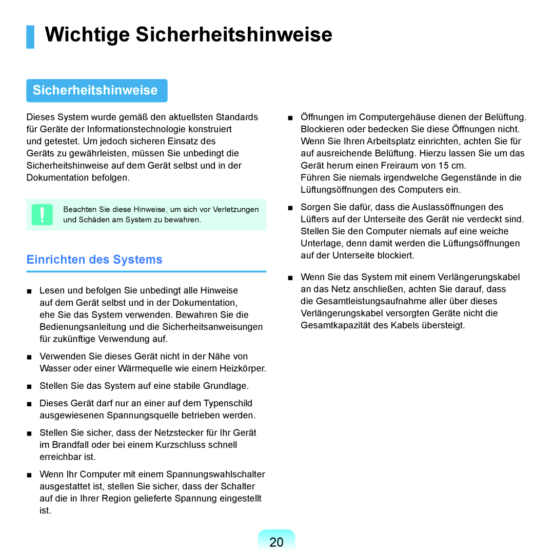 Samsung NP-P55AV01/SEG, NP-P55AH01/SEG, NP-P55T004/SEG, NP-P55T002/SEG Wichtige Sicherheitshinweise, Einrichten des Systems 