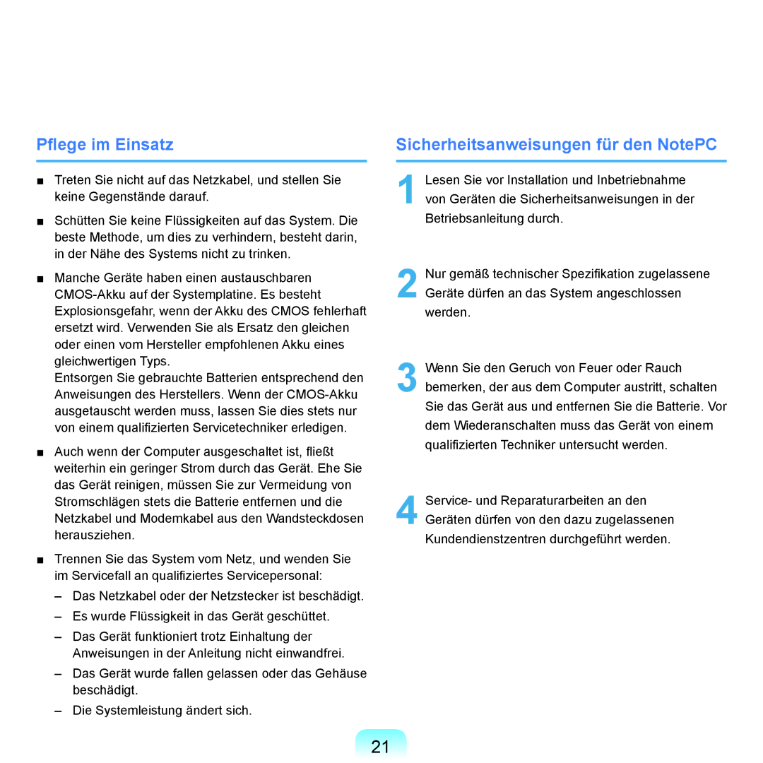 Samsung NP-P55TV02/SEG, NP-P55AH01/SEG, NP-P55T004/SEG manual Pflege im Einsatz, Sicherheitsanweisungen für den NotePC 