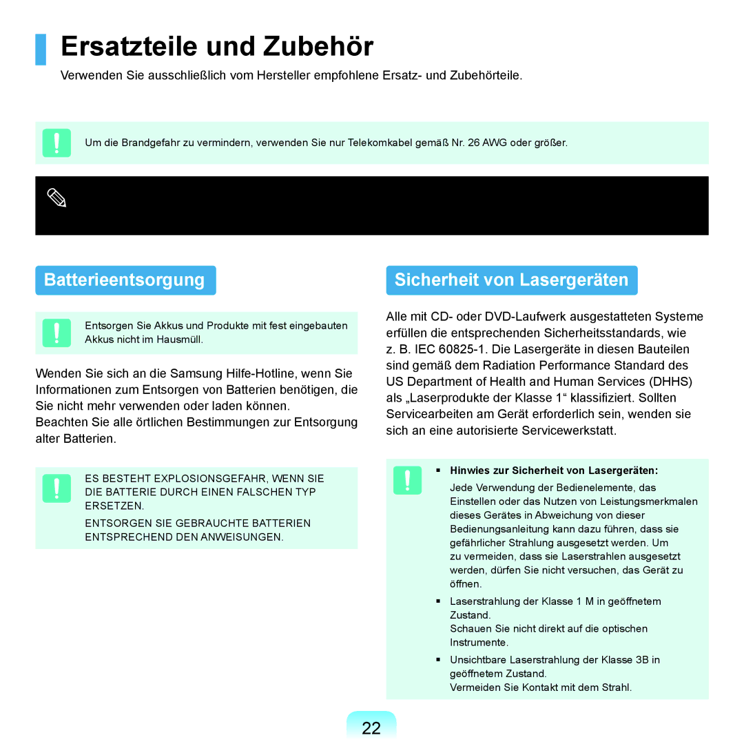 Samsung NP-P55TV01/SEG, NP-P55ZBM/SEG Ersatzteile und Zubehör, Batterieentsorgung, Hinwies zur Sicherheit von Lasergeräten 