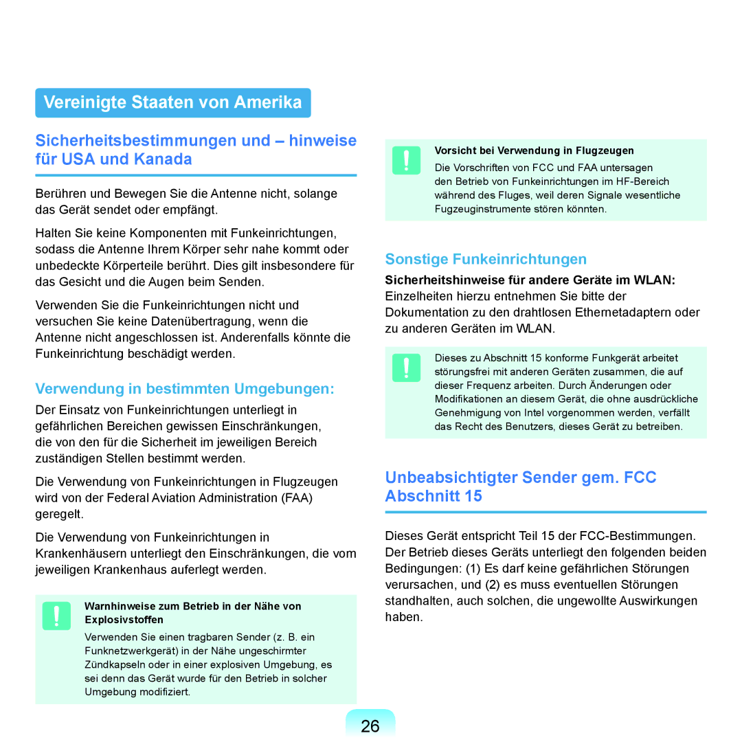 Samsung NP-P55T005/SEG manual Vereinigte Staaten von Amerika, Sicherheitsbestimmungen und hinweise für USA und Kanada 