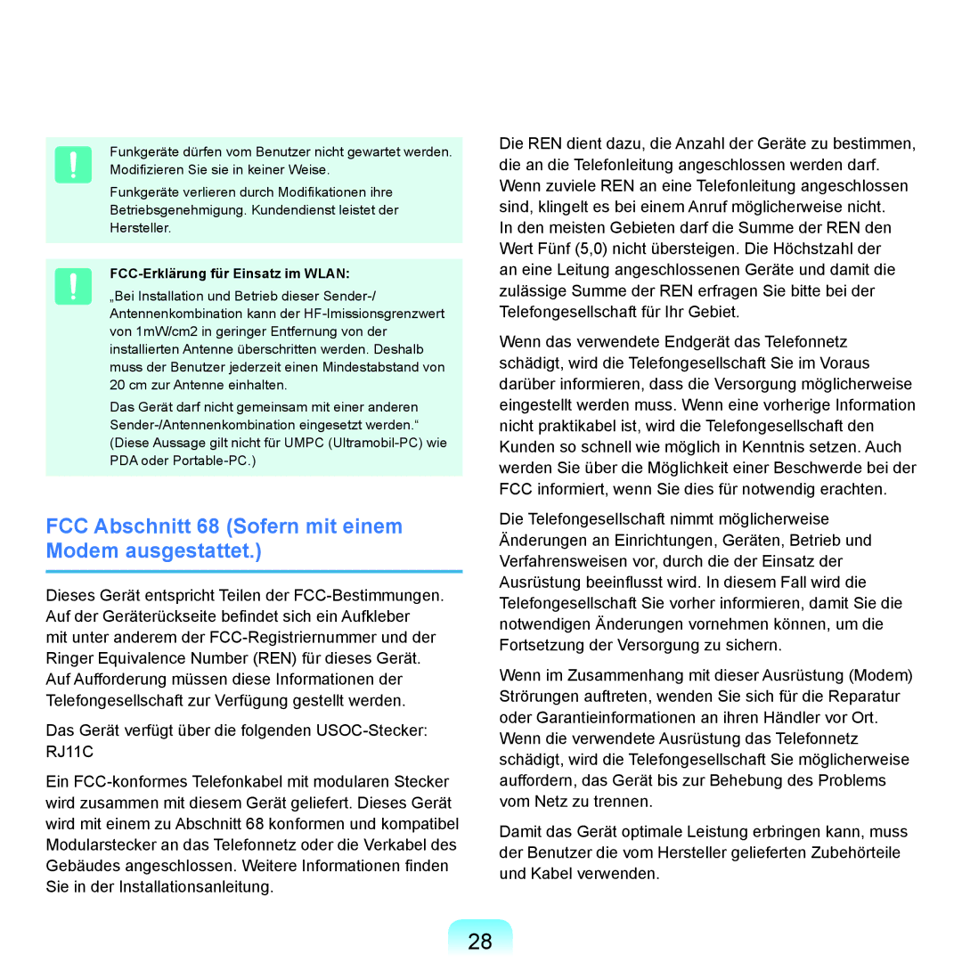 Samsung NP-P55TP03/SEG manual FCC Abschnitt 68 Sofern mit einem Modem ausgestattet, FCC-Erklärung für Einsatz im Wlan 