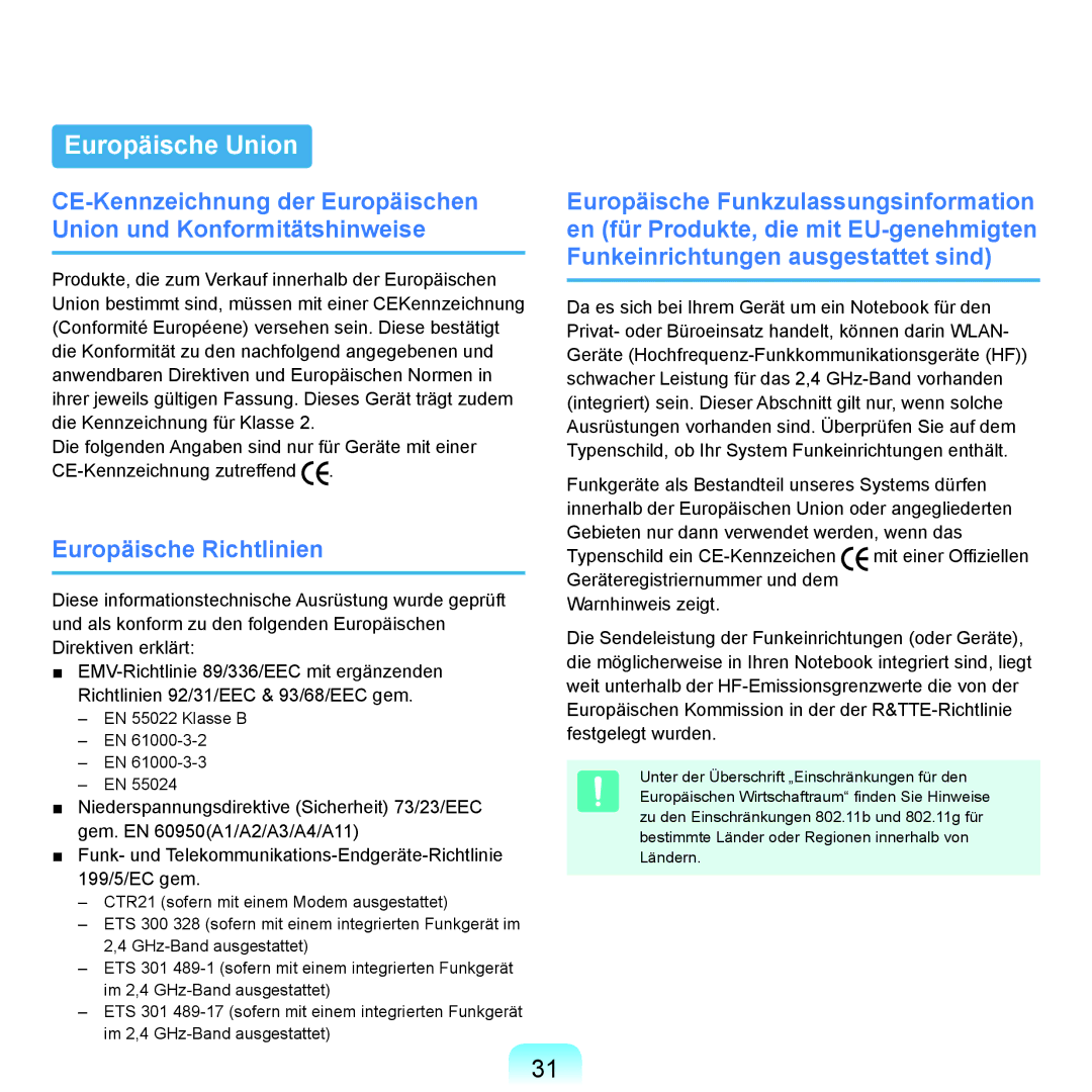 Samsung NP-P55AH01/SEG, NP-P55T004/SEG, NP-P55T002/SEG, NP-P55T001/SEG manual Europäische Union, Europäische Richtlinien 