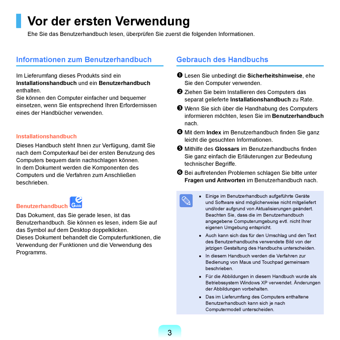 Samsung NP-P55T006/SEG manual Vor der ersten Verwendung, Informationen zum Benutzerhandbuch, Gebrauch des Handbuchs 