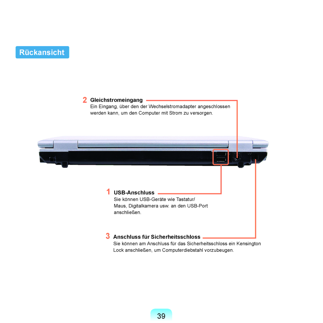 Samsung NP-P55TP02/SEG, NP-P55AH01/SEG, NP-P55T004/SEG Rückansicht, Gleichstromeingang, Anschluss für Sicherheitsschloss 