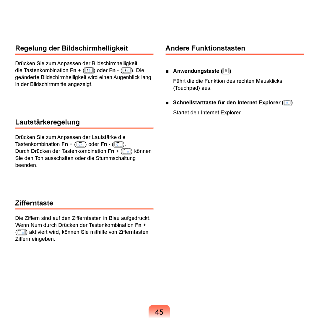 Samsung NP-P55T003/SEG manual Regelung der Bildschirmhelligkeit, Lautstärkeregelung, Zifferntaste, Andere Funktionstasten 