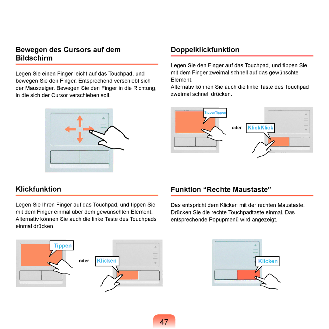 Samsung NP-P55AH01/SEG, NP-P55T004/SEG manual Bewegen des Cursors auf dem Bildschirm, Klickfunktion, Doppelklickfunktion 