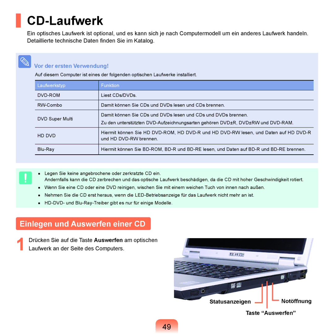 Samsung NP-P55T002/SEG manual CD-Laufwerk, Einlegen und Auswerfen einer CD, Statusanzeigen Notöffnung Taste Auswerfen 