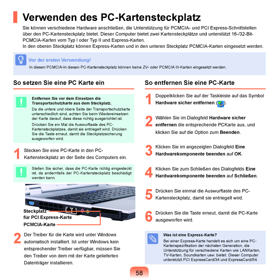 Samsung NP-P55T005/SEG Verwenden des PC-Kartensteckplatz, So setzen Sie eine PC Karte ein, Was ist eine Express-Karte? 