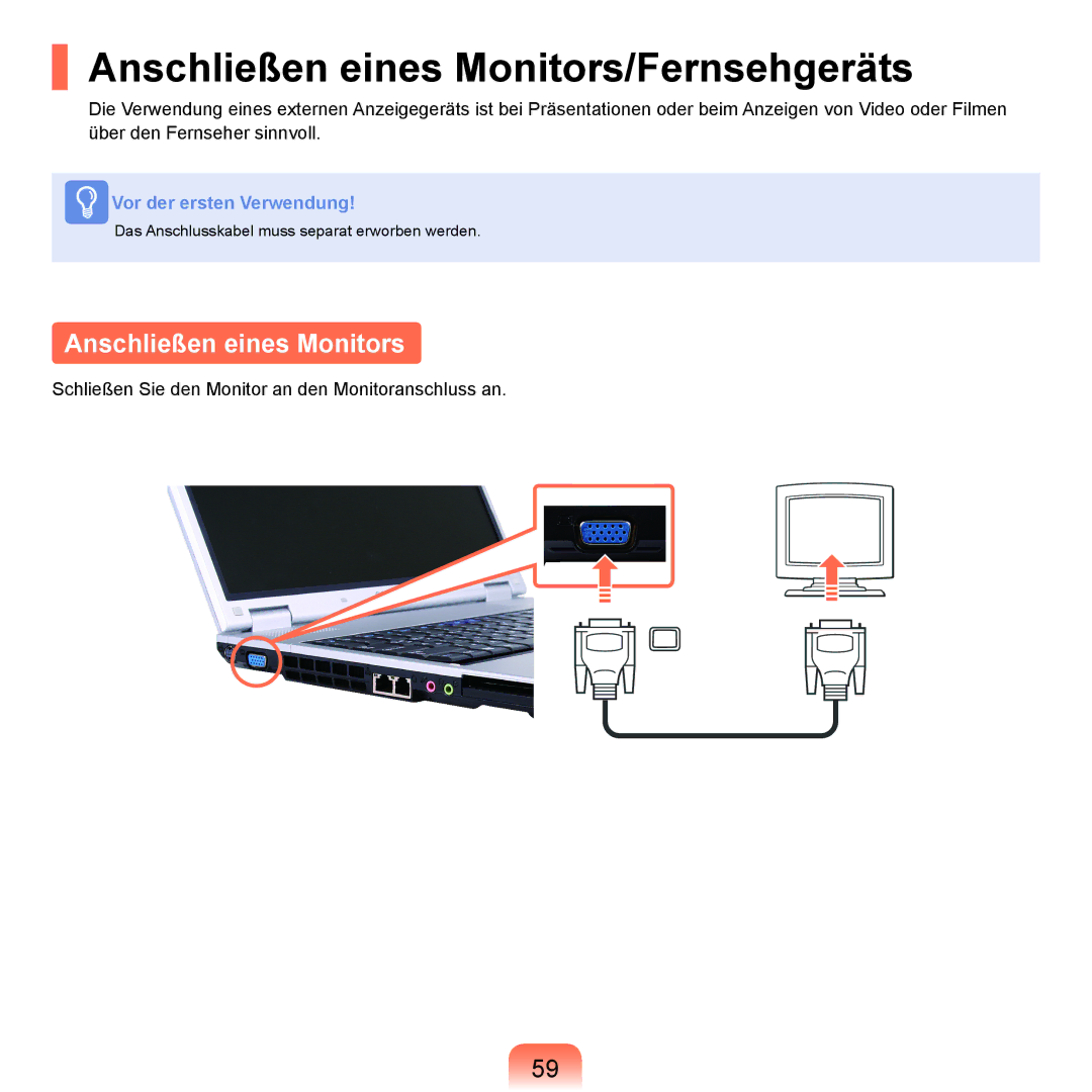 Samsung NP-P55TP01/SEG, NP-P55AH01/SEG, NP-P55T004/SEG, NP-P55T002/SEG manual Anschließen eines Monitors/Fernsehgeräts 