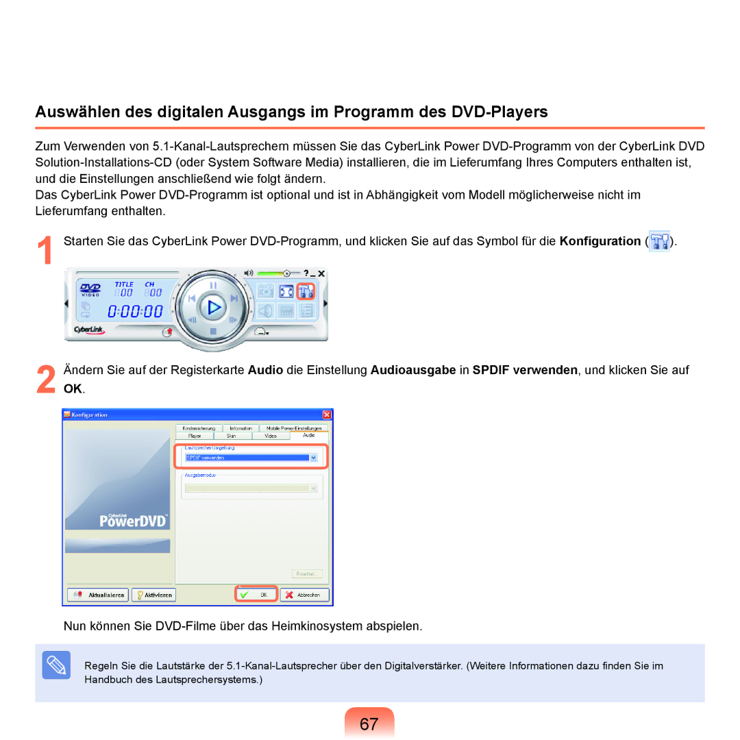 Samsung NP-P55T006/SEG, NP-P55AH01/SEG, NP-P55T004/SEG manual Auswählen des digitalen Ausgangs im Programm des DVD-Players 